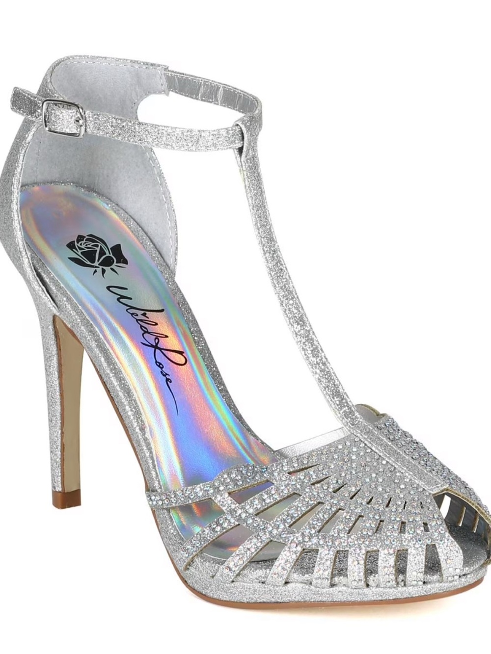 Wild Rose Silver Glitter T-Strap High Heel Sandals Sizes 8.5, 9 & 10 Formal Wear